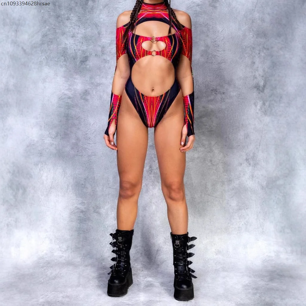 Women Sexy Bodysuit Female Art Graffiti Tights Jumpsuit Open-heart Leotard Tops Carnival Party Cosplay Swimsuit Swimwear 2025