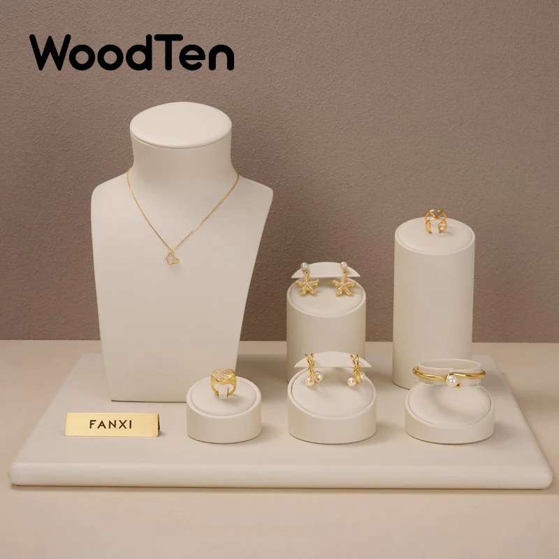 

WoodTen Premium Leather Jewelry Display Stand Shop Counter Ring Earring Necklace Portraits Popular Jewelry Display Props Beige