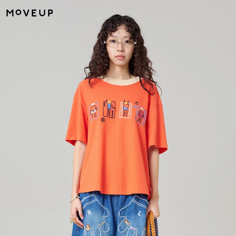 

MOVEUP Round Neck Short Sleeved T-Shirt 2026 Summer New Character Embroidered Contrasting Collar Knitted Top For Women 3ELX10595