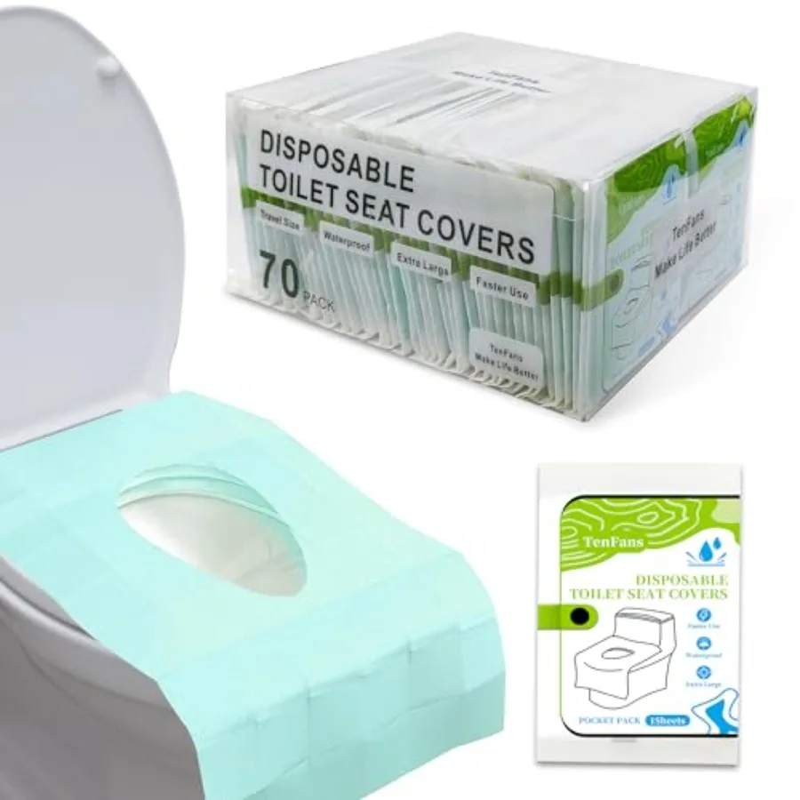 

TenFan Disposable Toilet Seat Covers - 70-Pack Waterproof XL Travel Pack, Adhesive Secure Fit for Public Toilets, Camping, Airp