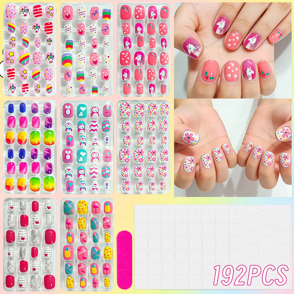 

8X24Pcs=192Pcs Multiple Styles Kids Press on Nails Cute Cartoon Unicorn Rainbow Fake Nails Short Square Full Cover False Nails^^