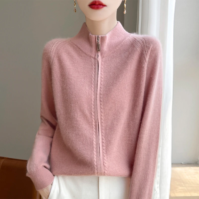 Women's Coat 100% Pure Wool Women's Zipper Knitted Cardigan Spring Autumn Long Sleeved Sweater Casual Stand up collar Shirt Tops