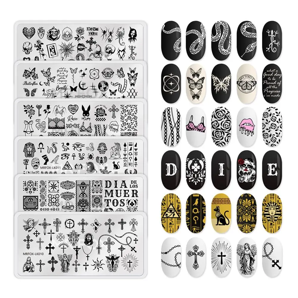 

6 Pcs Nail Art Stamping Plates Set - Rose Snake Butterfly Egyptian Cross DIY Template Deep Etched