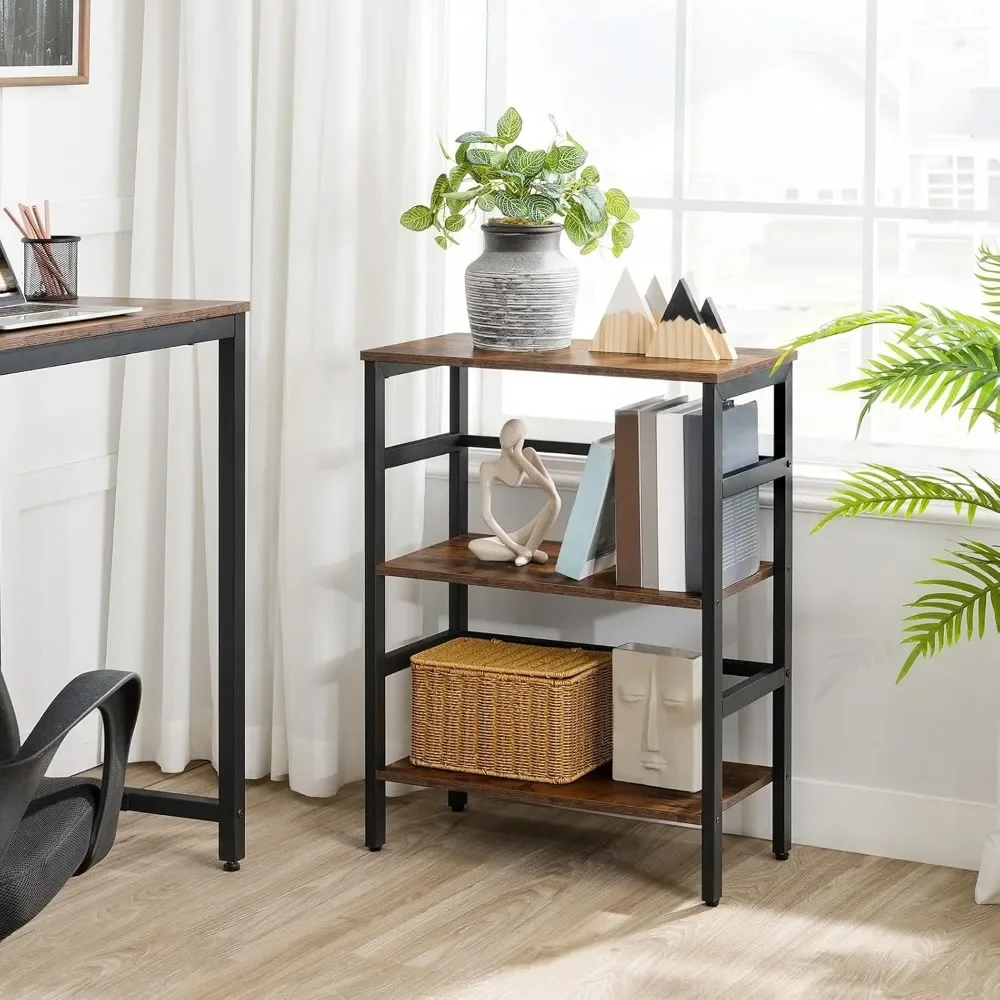 

Bookcases,3-layer metal framed country brown wooden bookshelf with side fence,Bookcases.