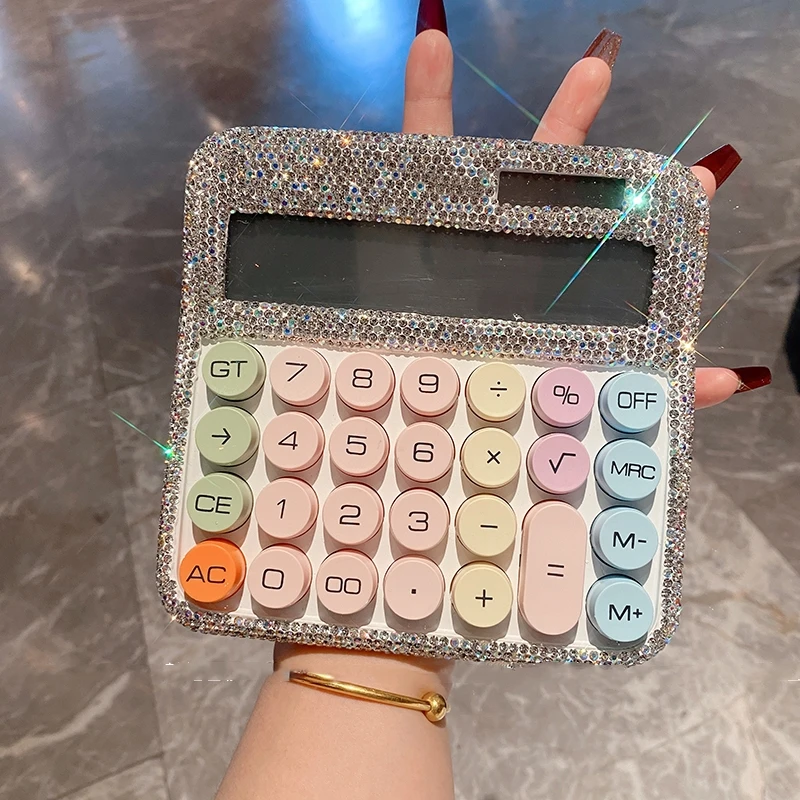 Dopamine Solar Calculator with Rhinestone Office Mechanical Keyboard Diamond-Studded Large Screen Display Accurate Office Tools