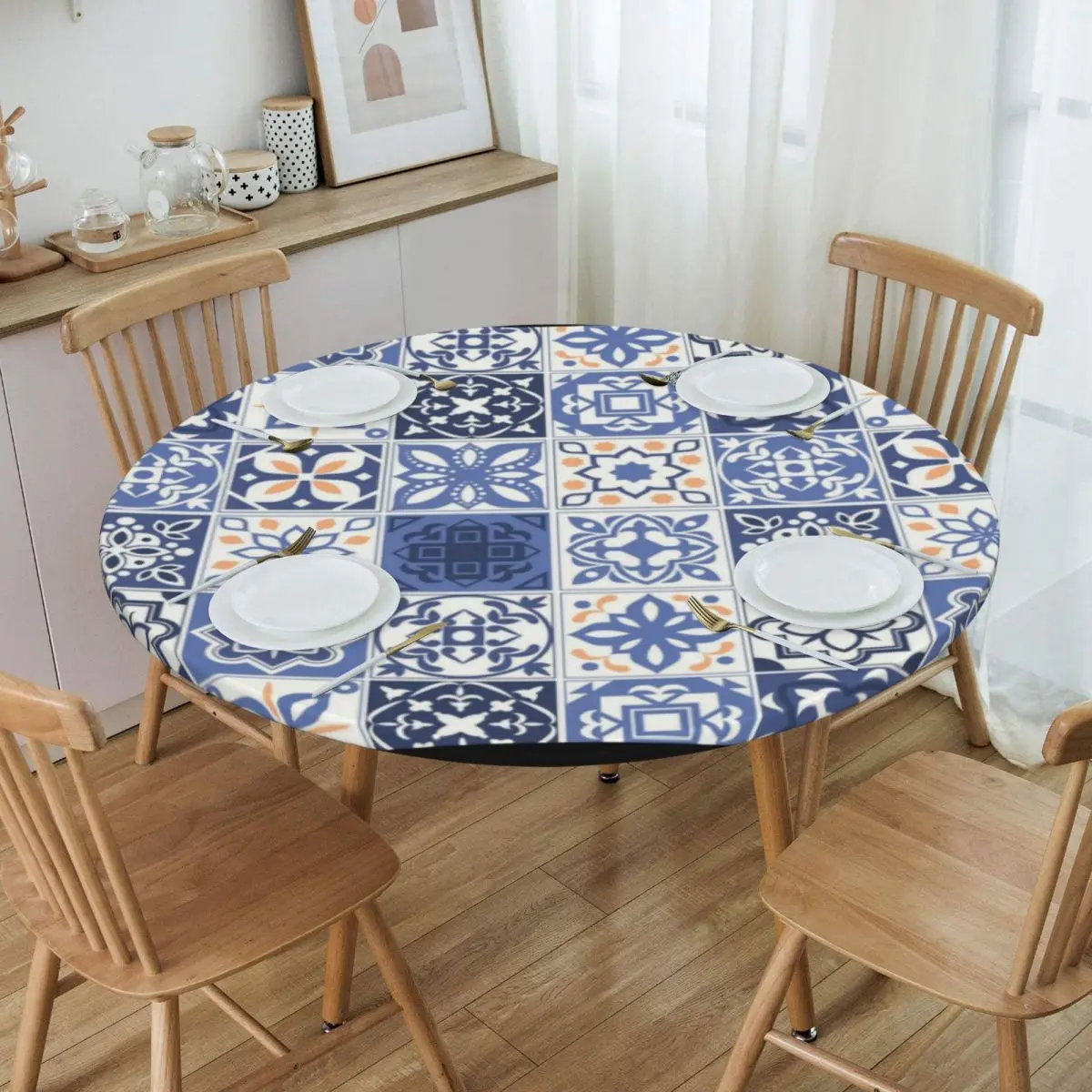 Round Fitted Blue Portuguese Tile Table Cloth Waterproof Tablecloth 40