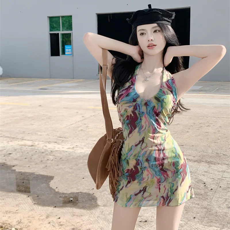 여성용 민소매 드레스, Y2k 레트로 타이 다이, 섹시 핫 스위트 여성 휴가 선드레스, 패션 백리스 시크 여름 미니 드레스