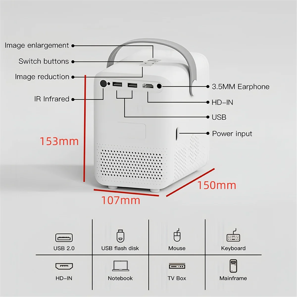 HOT P10 Smart 4K WiFi Portable 1080P Home Theater Video LED Bluetooth Mini Projector Android 10 Projector US PLUG(White)