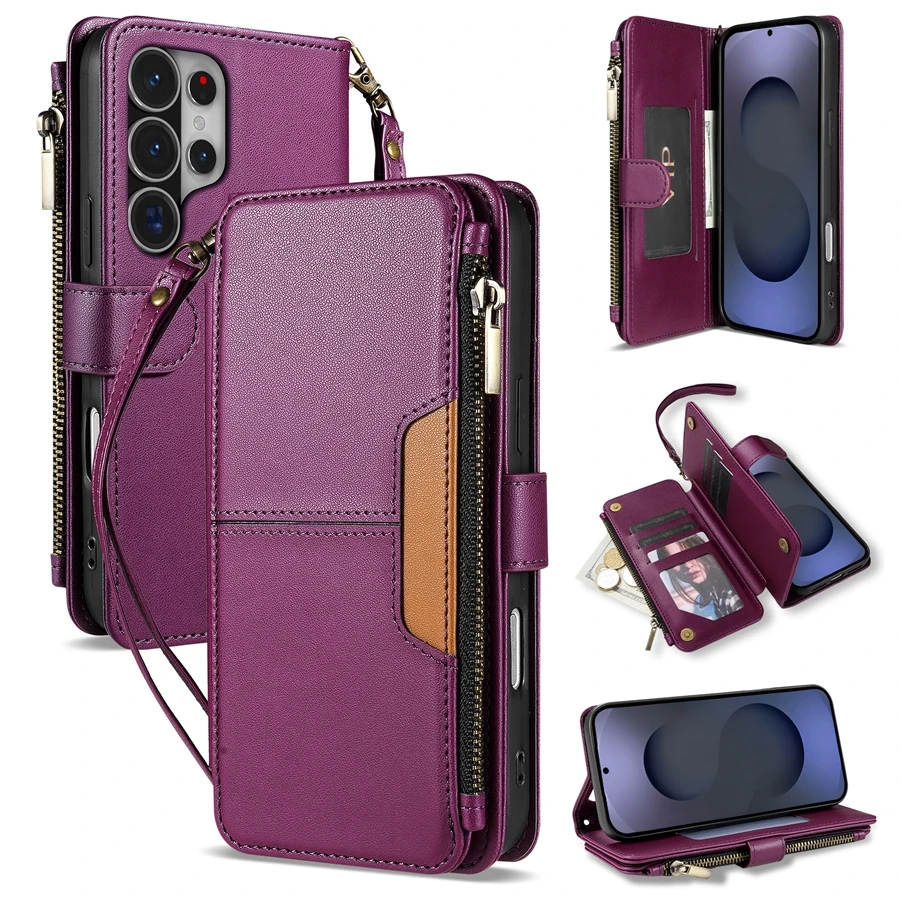 Brieftaschen-Hülle mit Mehrfach-Kartenfächern, Reißverschluss, Standfunktion und Magnetverschluss aus Leder für Samsung Galaxy S26 Ultra S25 FE S24 Plus S23 S22 S21 S20 – Detail 8
