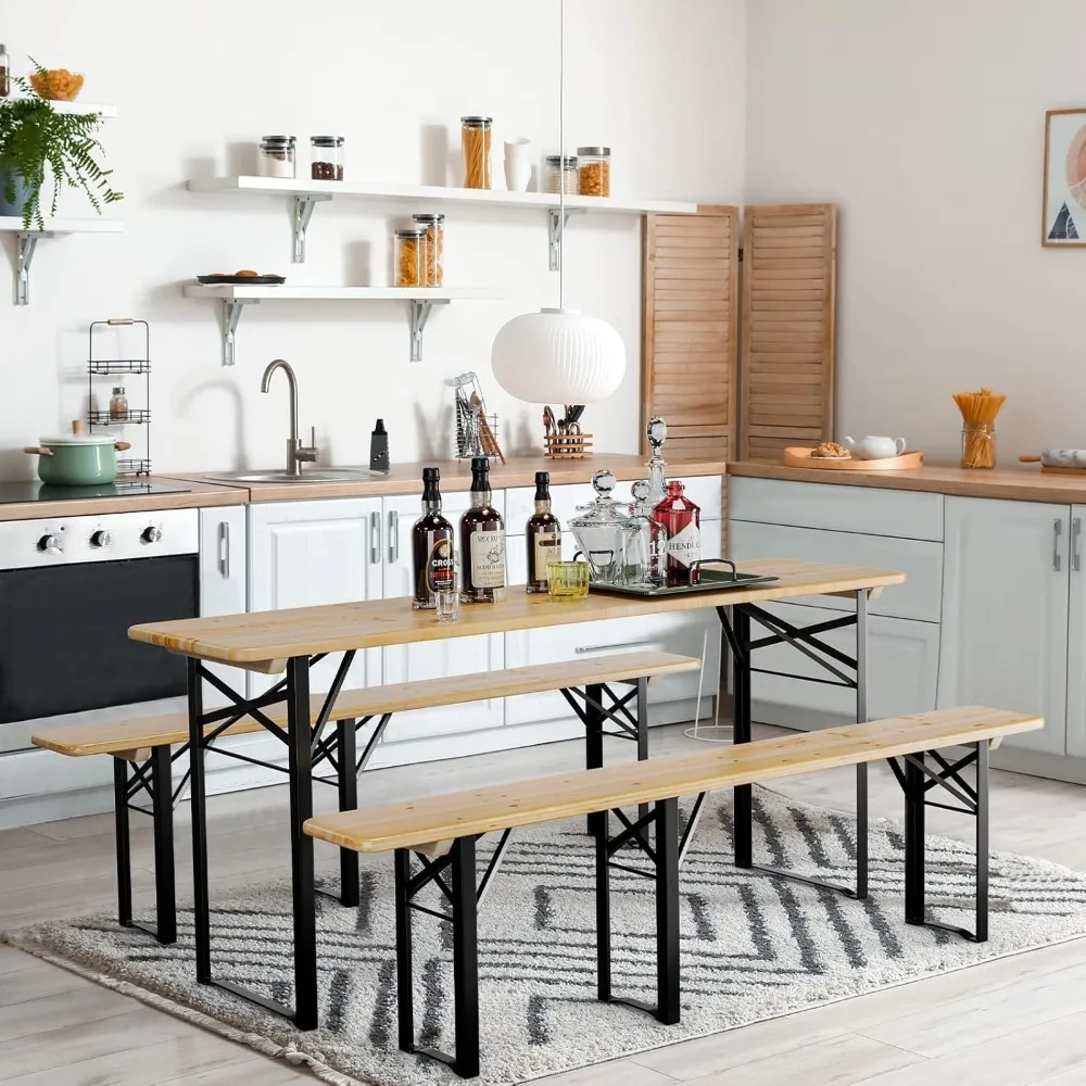 

70 Inch Folding Picnic Tables with Benches Set, Weather-Resistant Wooden Beer Garden Table Bench, 3-Piece Portable