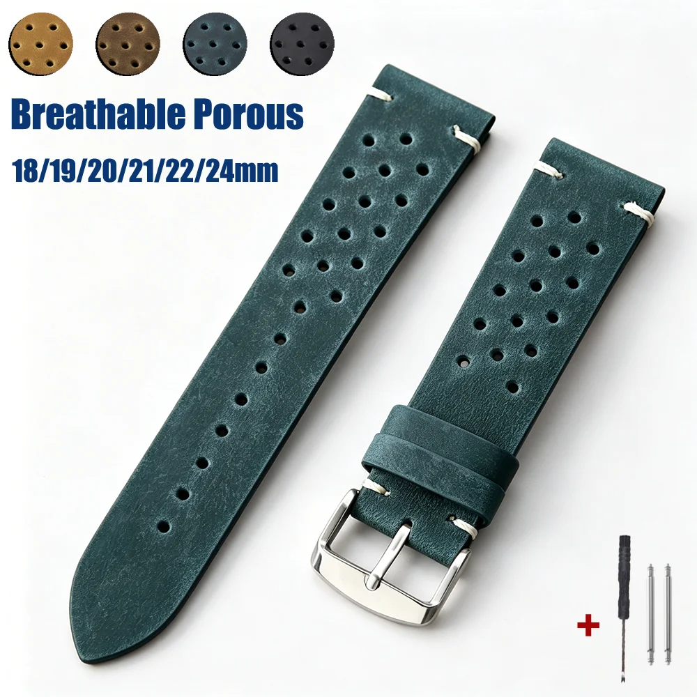 18mm 19mm 20mm 21mm 22mm 24mm Handmade Watch Strap Dark Brown Breathable Porous Watchbands Vintage Racing Leather Watch Straps