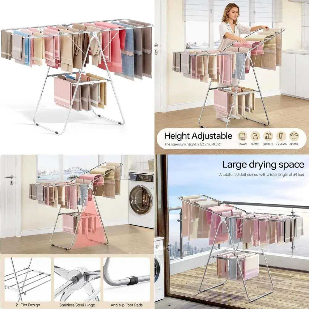 

Adjustable Stainless Steel Folding Laundry Rack for Indoor/Outdoor Use, Space-Saving, Suitable for Clothes and Towels