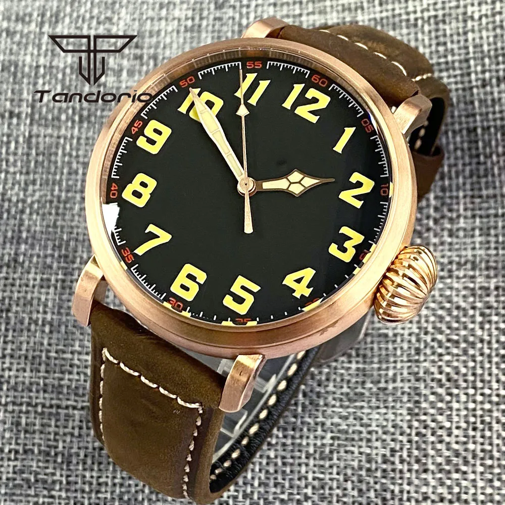 Tandorio Cusn8 Bronze/Stainless Steel 46.5mm Fashion Automatic Men Watch Leather Strap NH35A PT5000 Sapphire Crystal Screw Crown