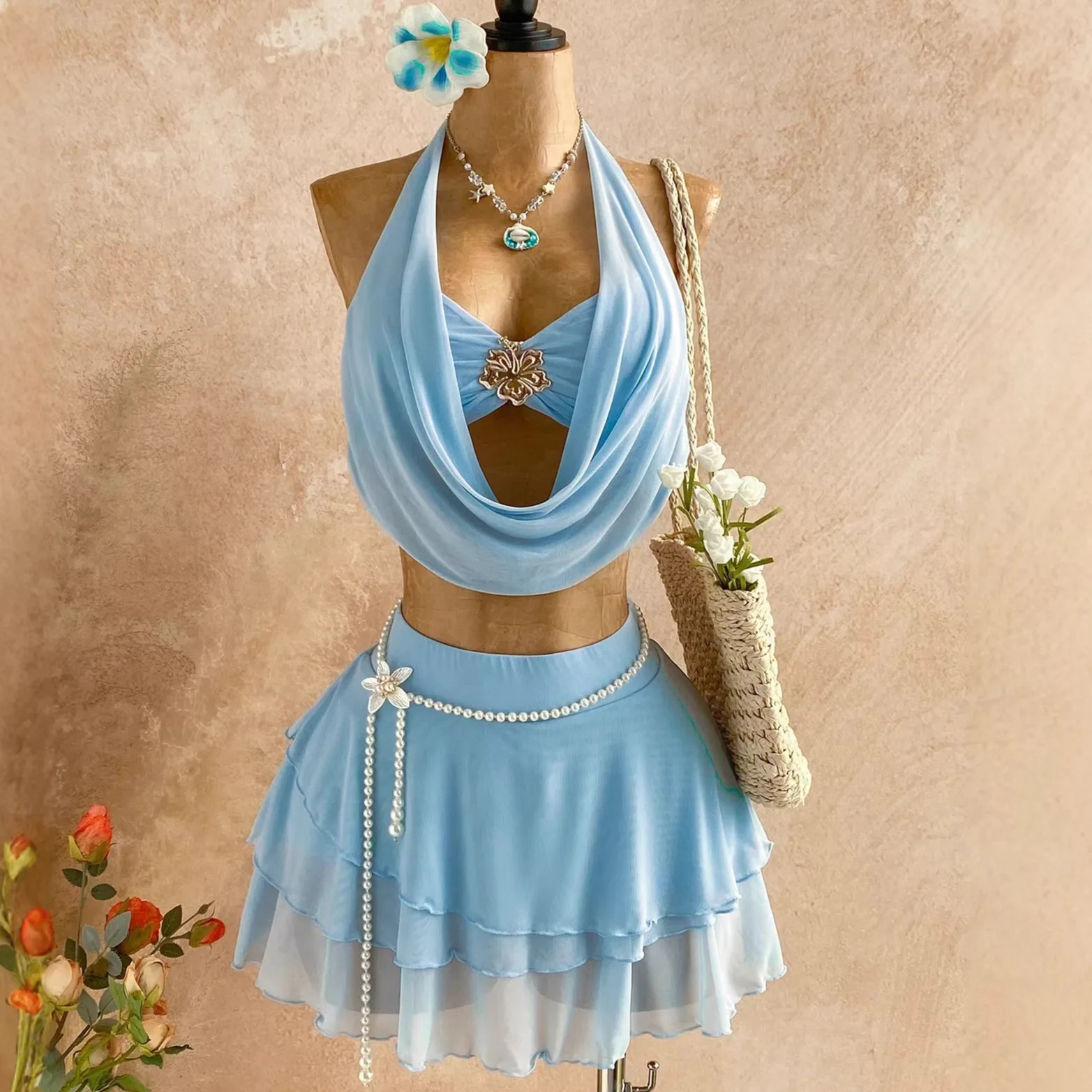 New Solid Color INS Slim-fit Sexy Low-neck Halter Neck Backless Short Tank Top With Multi-layered Short Skirt Set