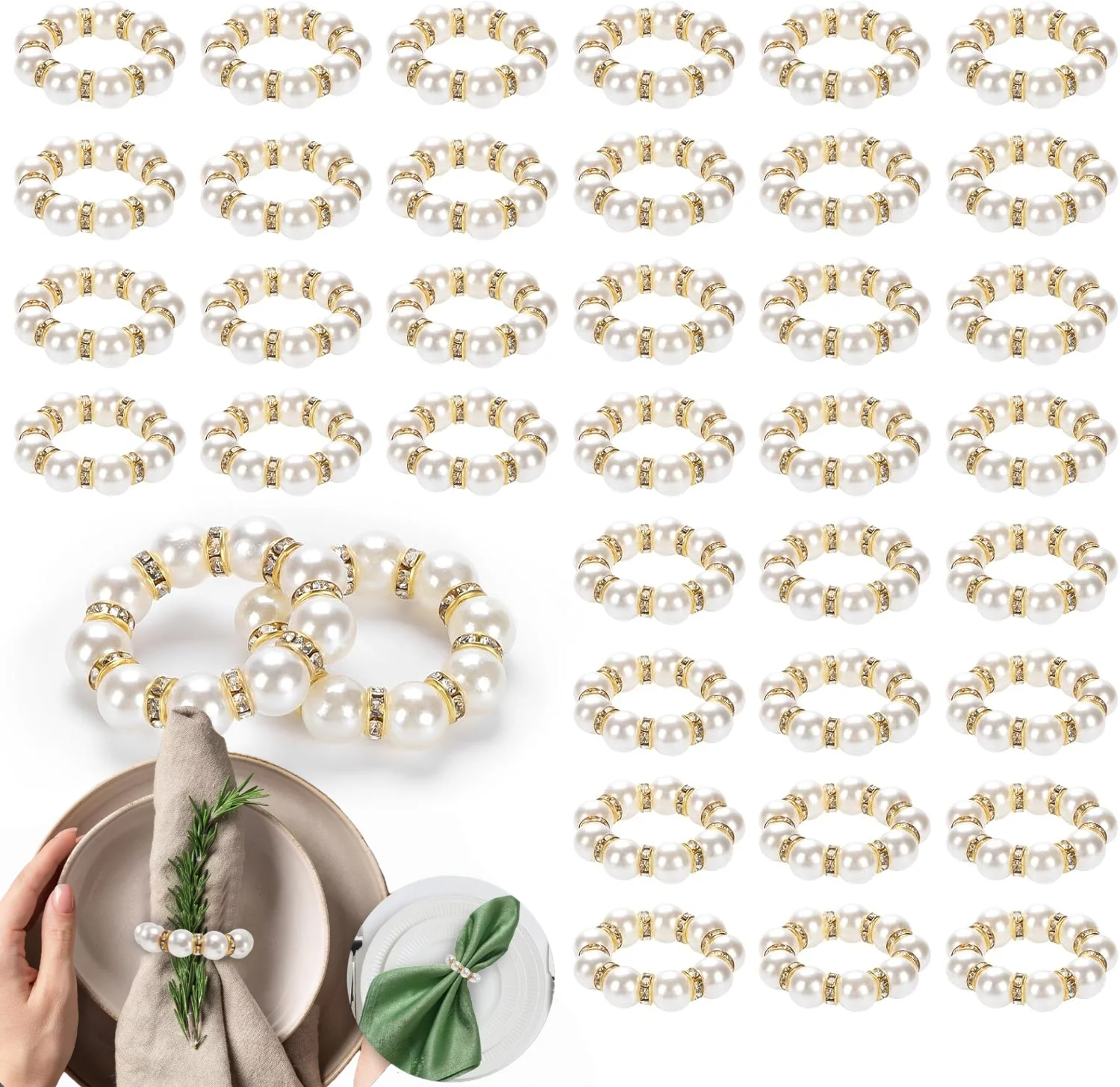 

24/50/100Pcs Gold Napkin Rings Imitation Pearl Napkin Rings Elegant Pearl Elastic Serviette Holder Wedding Party Dinner Decor