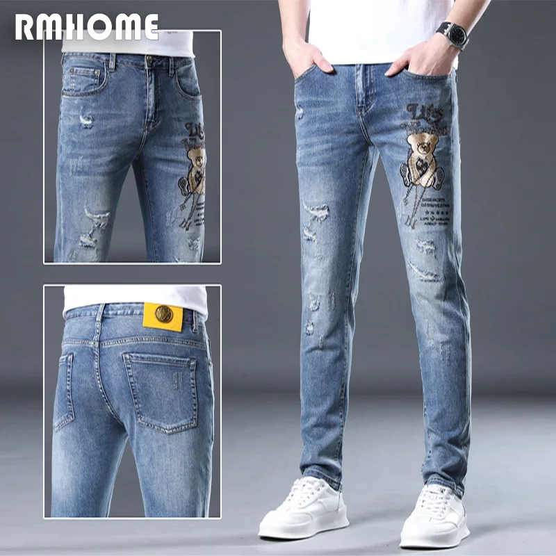 

Men's Jeans Mid-rise Blue Leggings Pants Four Seasons Regular 2023 Fashion Bear Embroidery Jeans Slim Feet Trousers Clothing