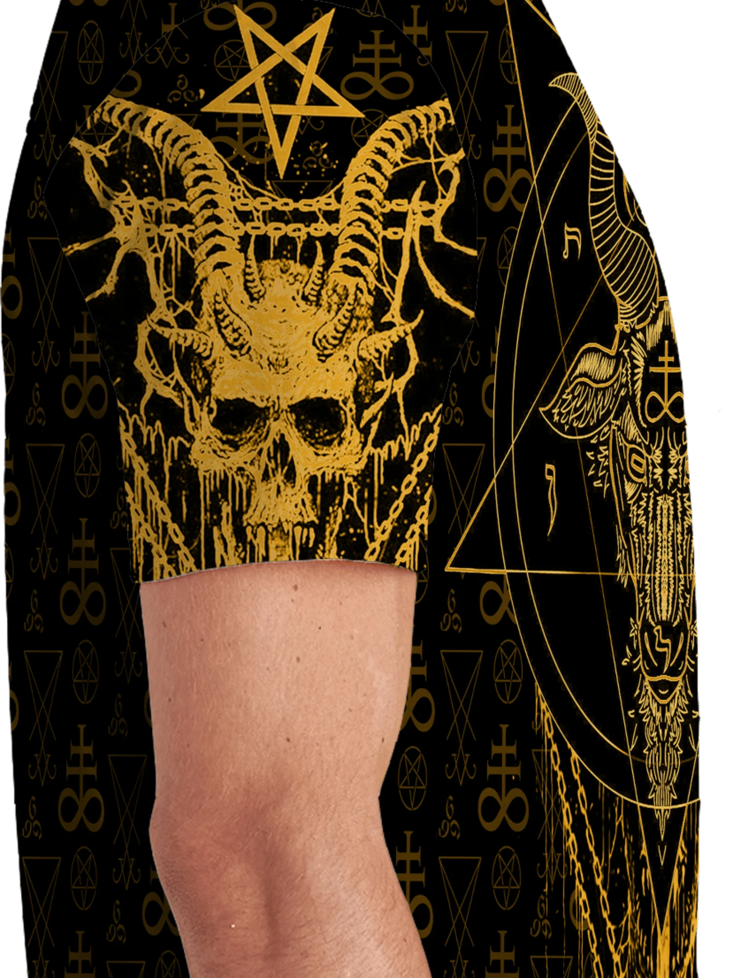Camiseta abstrata geométrica impressa em 3D masculina e feminina – poliéster macio em negrito símbolos ocultos dourados pentagramas, crânios, luas