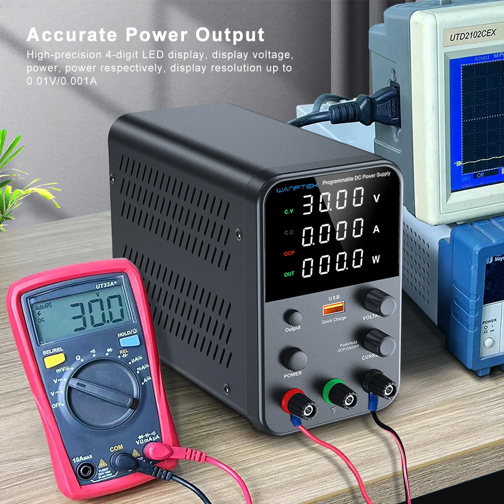 Adjustable DC power supply with 4-digit LED display, 5V/3.6A USB fast charging with encoder adjustment, output enable/disable