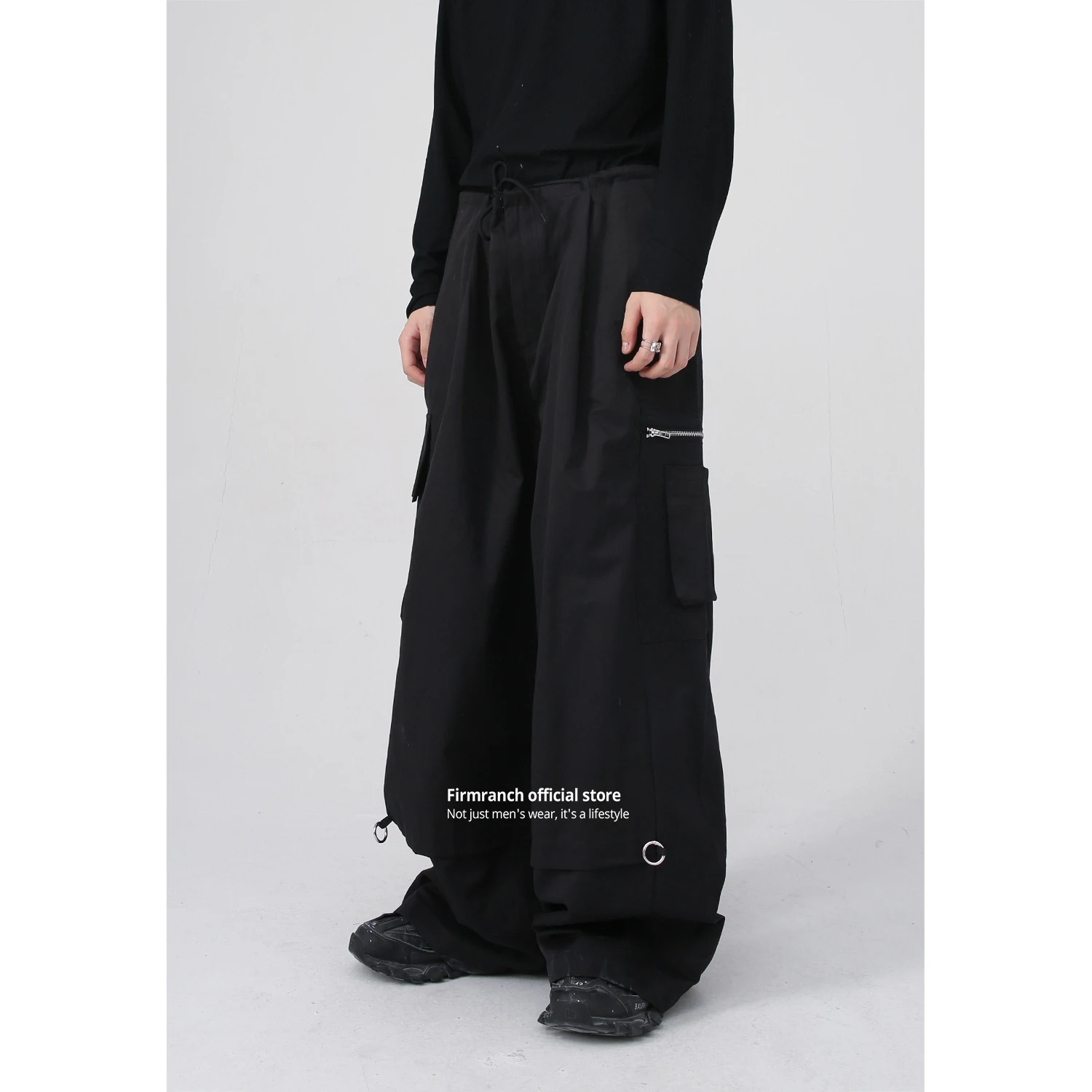 

Firmranch New Spring Summer Drawstring Waist Design Large Pocke Baggy Wide-leg Cargo Casual Pants Full-length For Men Women