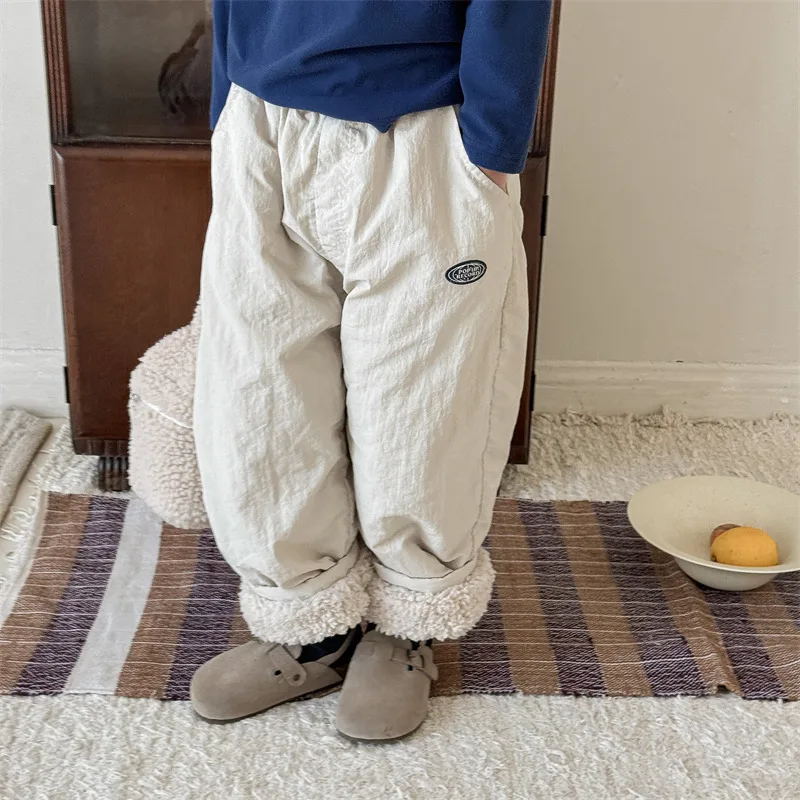 2025 Winter Kid's Clothes Boys Fleece Lining Pants Korean-style Girls Baby Thicken Warm Trousers Chilrens Outwear Pants
