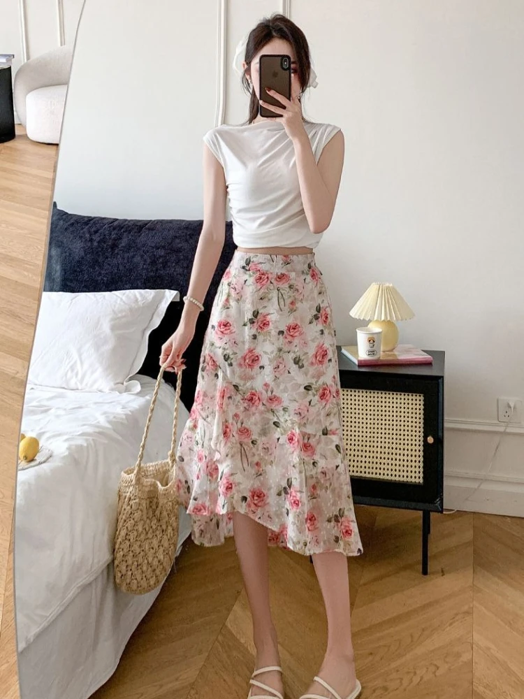 

Новинка: Женская летняя юбка-русалка из жаккардового шифона с высокой талией, асимметричная, средней длины, с рюшами по подолу ​