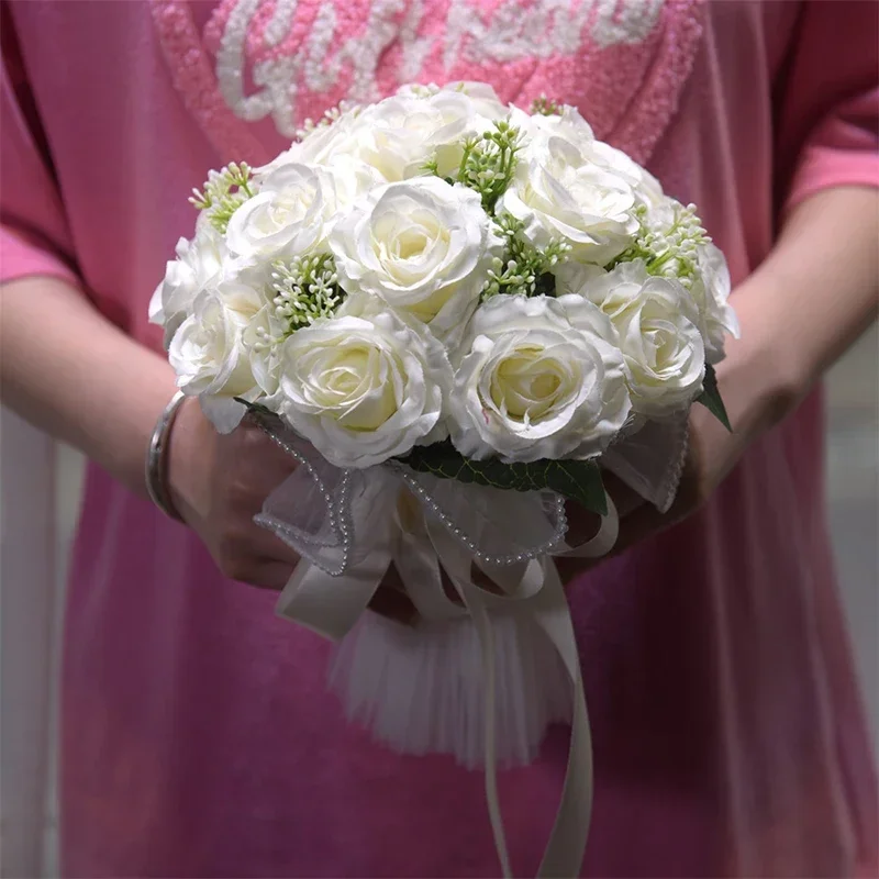 Bridal Bridesmaid Wedding Bouquet White Silk Flowers Roses Handmade Artificial Bride Mariage Bouquet Wedding Accessories