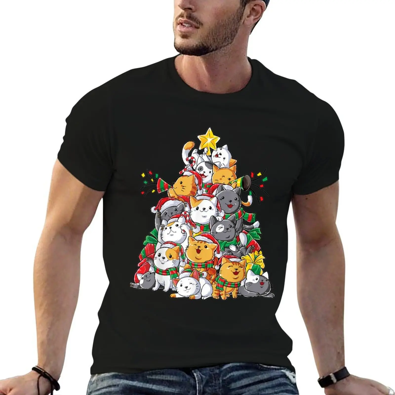 

Cat Christmas Tree Meowy Catmas Xmas T-Shirt essential t shirt printed t shirts for man cotton tshirt 100% T-Shirt