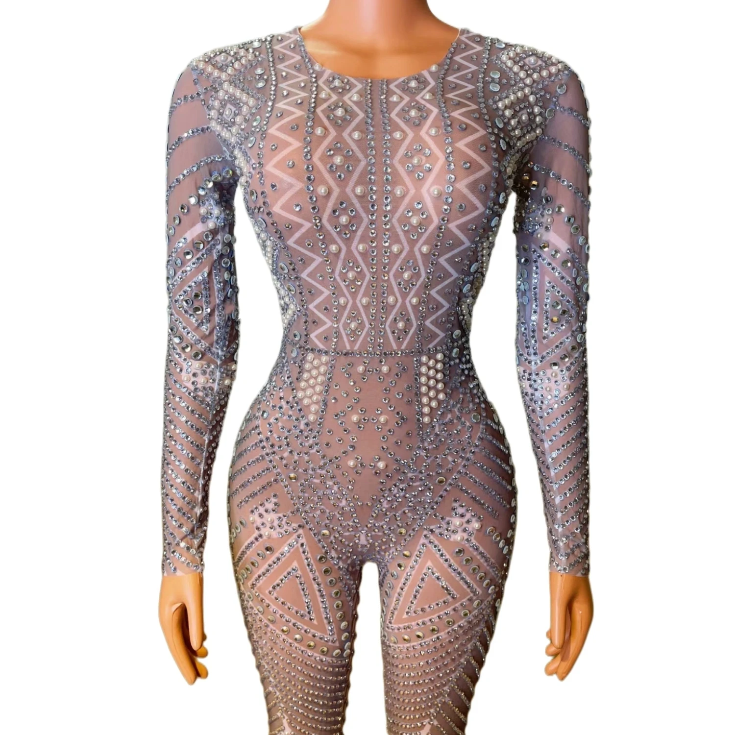 Sequin Rhinestone Pearls Pole Dance Leotard Party Club Shiny Bodysuit Plus Size Women One Piece Bodycon Jumpsuits