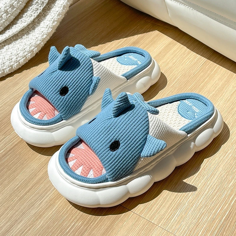 Women Linen Slippers Cartoon Shark Four Seasons Home Indoor Shoes Couple Non-slip Thick Sole Bedroom Flax Slipper Men Footwear