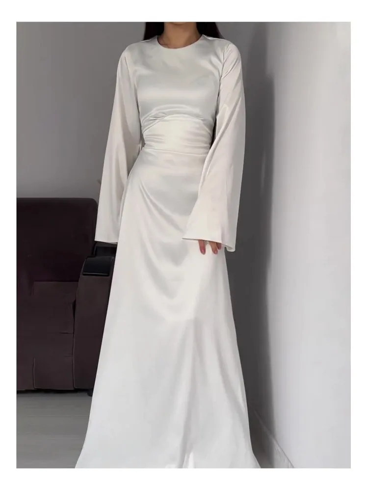 

Autumn Flare Sleeve Long Dresses for Women O-neck High Waist Solid Slim Lace-up Wedding Evening Party Dress Prom Robe New 2024