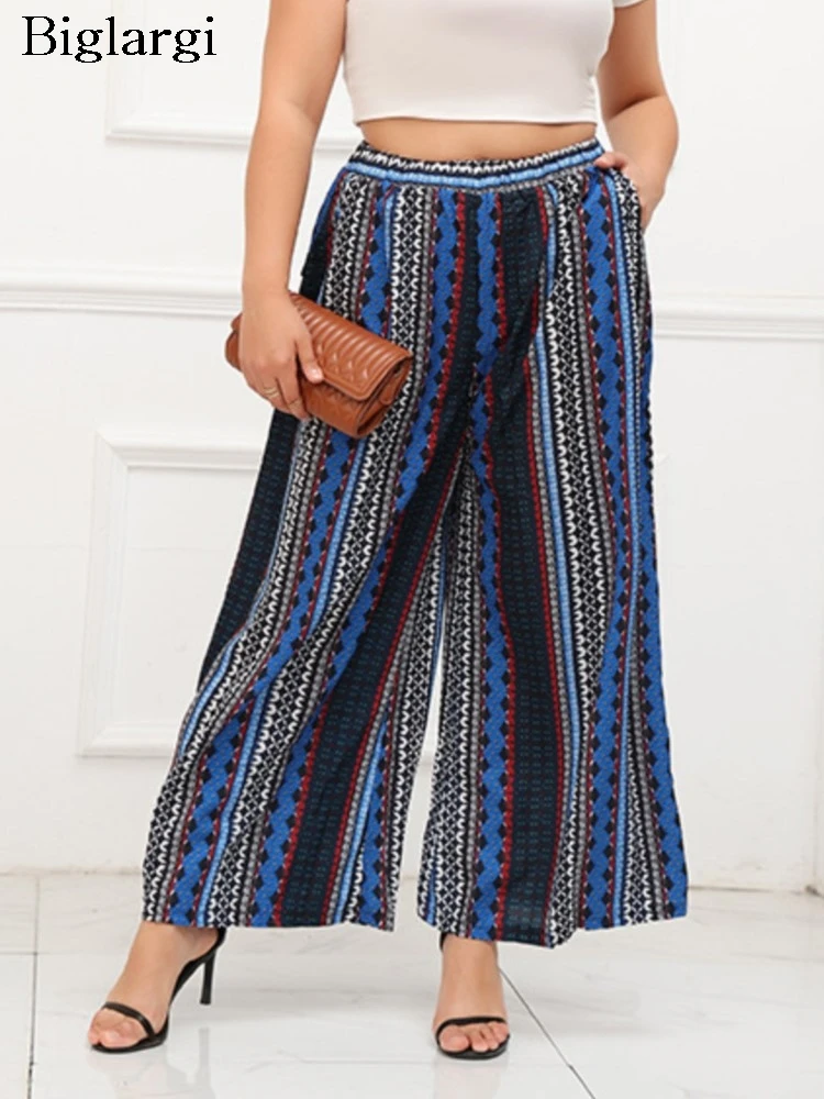 

Plus Size Summer Pants Women Geometric Striped Print Fashion High Waist Ladies Trousers Casual Loose Wide Leg Woman Long Pants