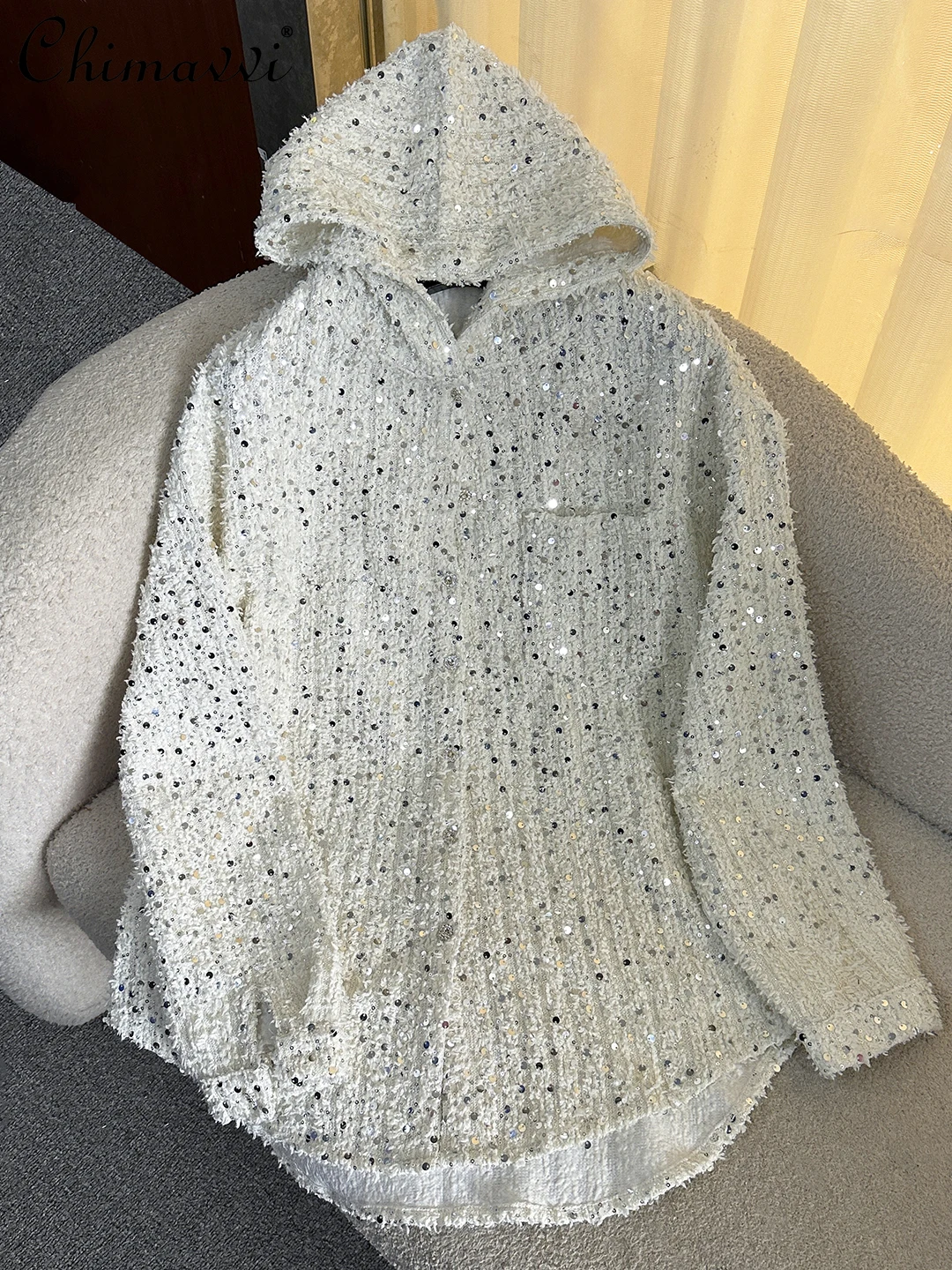 

Осенняя одежда 2024, новая рубашка с капюшоном и длинными рукавами с пайетками для женщин, свободный крой, повседневная уличная одежда, топ средней длины