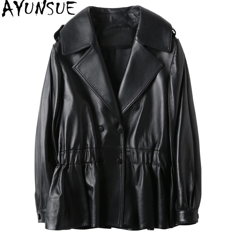 AYUNSUE-Veste en cuir de peau de mouton véritable pour femme, vestes en combinaison, manteau noir, luxe, automne, nouveau, 2024