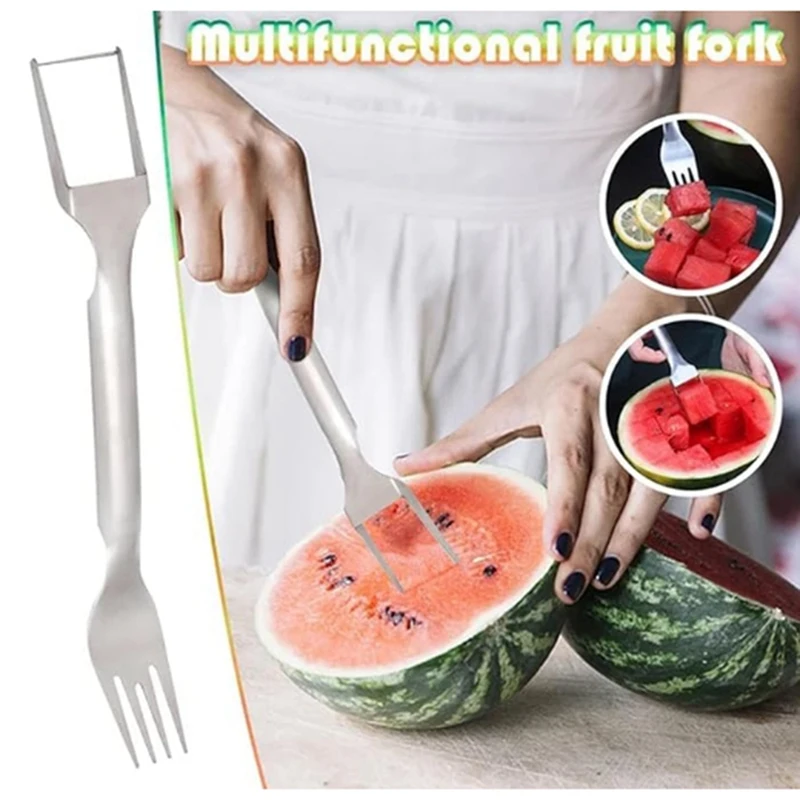 2-In-1 Stainless Steel Fruit Cutter, Dual Head Watermelon Cutter Slicer Tool, Portable Cutter Fork Slicer