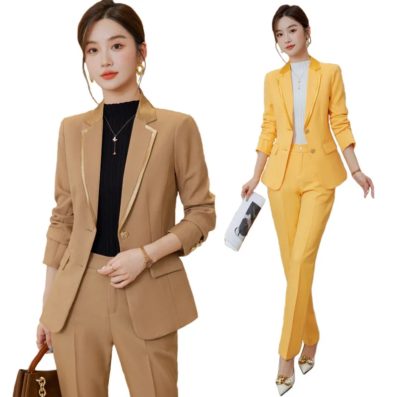 Fashion Ladies Pant Suit Women Yellow Black Blue Khaki Female Business Work Wear Jacket and Trouser Formal 2 Piece Set Blazer