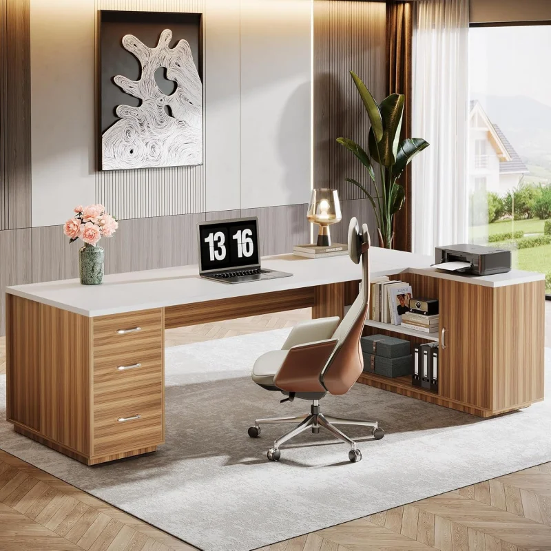

85.8 Inch L-Shaped Executive Desk, White & Walnut Large Corner Computer Workstation with File Drawers, Storage Cabinet