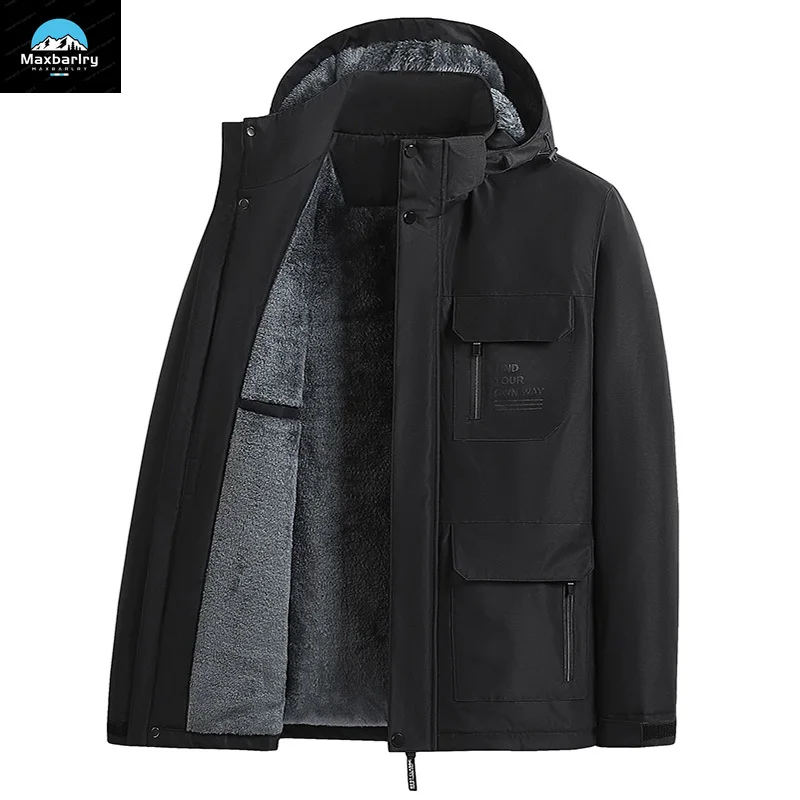 Parka forrada de lã masculina, à prova de vento, impermeável, jaqueta de carga, bolso múltiplo, chapéu destacável, quente, ao ar livre, inverno, 2023