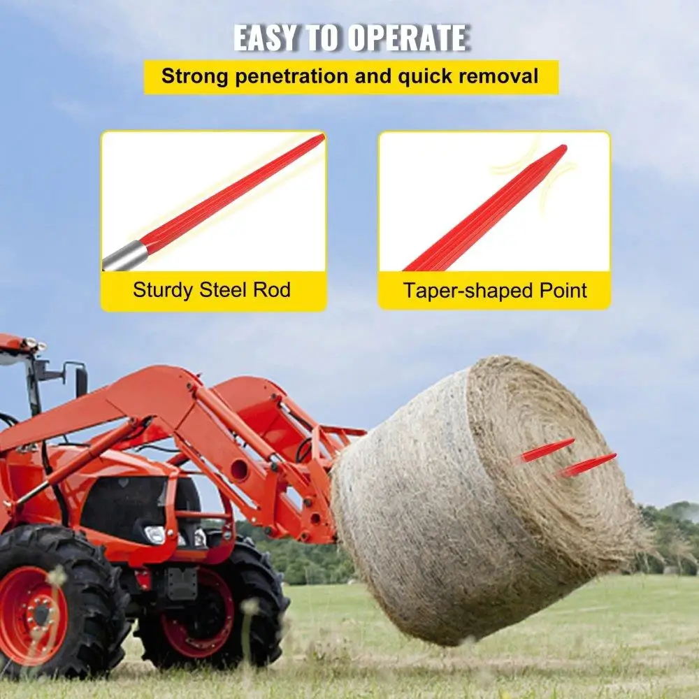 32 Bale Spear 1350 lbs Capacity | Quick Attach Fork for Tractors & Loaders | Red Coated Spike with Hex Nut & Sleeve