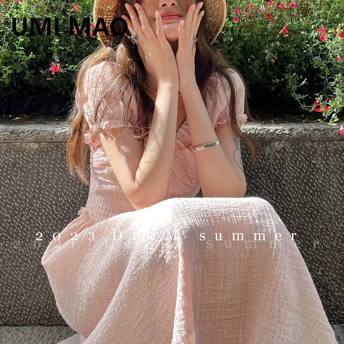 UMI MAO French Haute Couture Summer Short Sleeved Skirt Small Stature Long Dress White V-neck Dress Elegant Women's Summer New