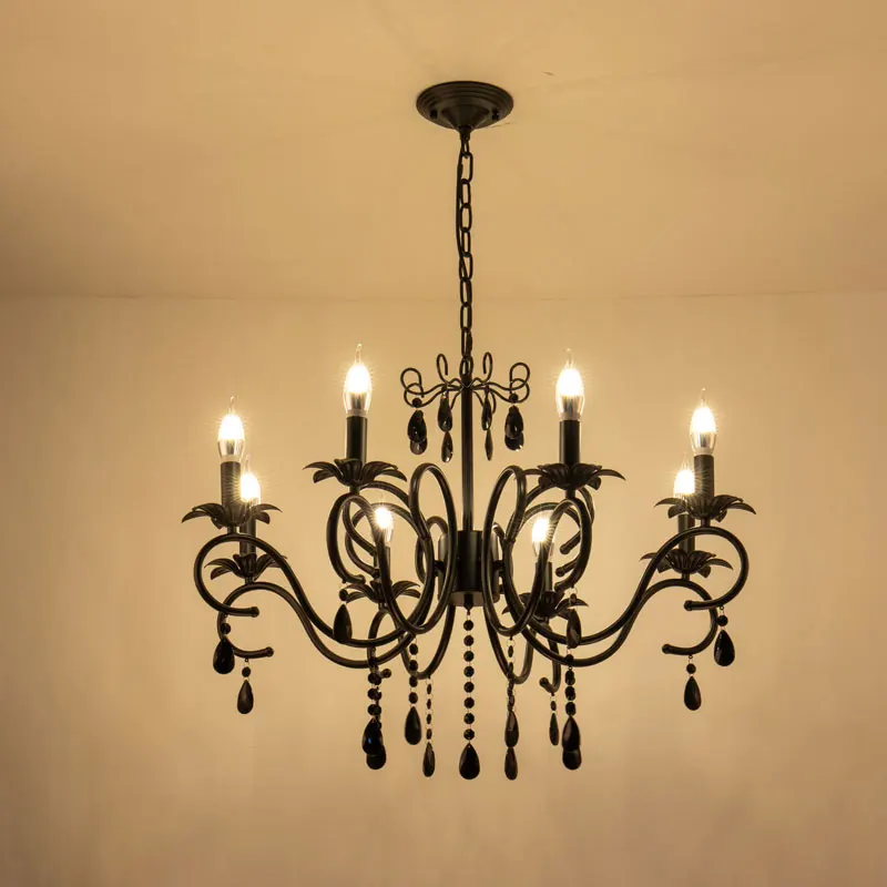 フランスのレトロなキャンドルシャンデリア、アメリカンリビングルームライト、ダイニングルーム、寝室、シンプルな牧歌的な錬鉄製の黒いクリスタルランプ