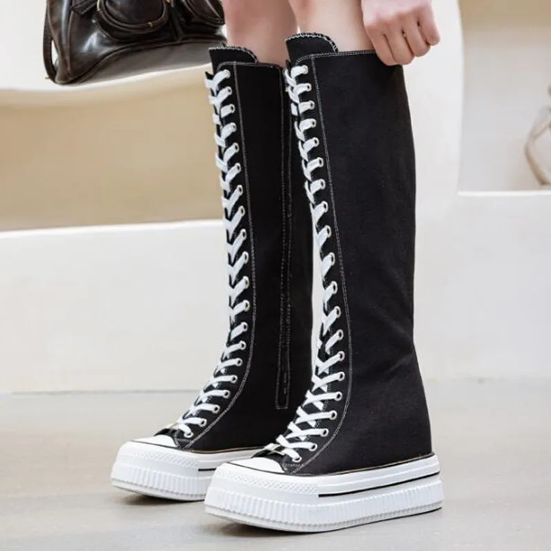 

13cm Luxury Street Style Denim Mid Calf Knee High Boots Women Boots Casual Spring Autumn Female Platform Wedge Breathable Shoes