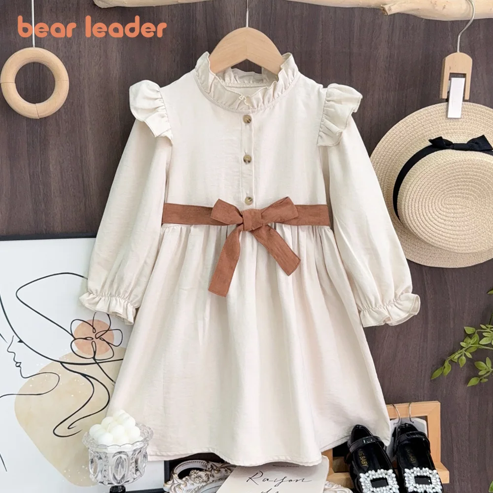 Bären führer einfarbige Mädchen Kleidung Frühling und Herbst lang ärmel ige Stehkragen Gürtel Kleid Knopf gebunden Gürtel Freizeit kleider