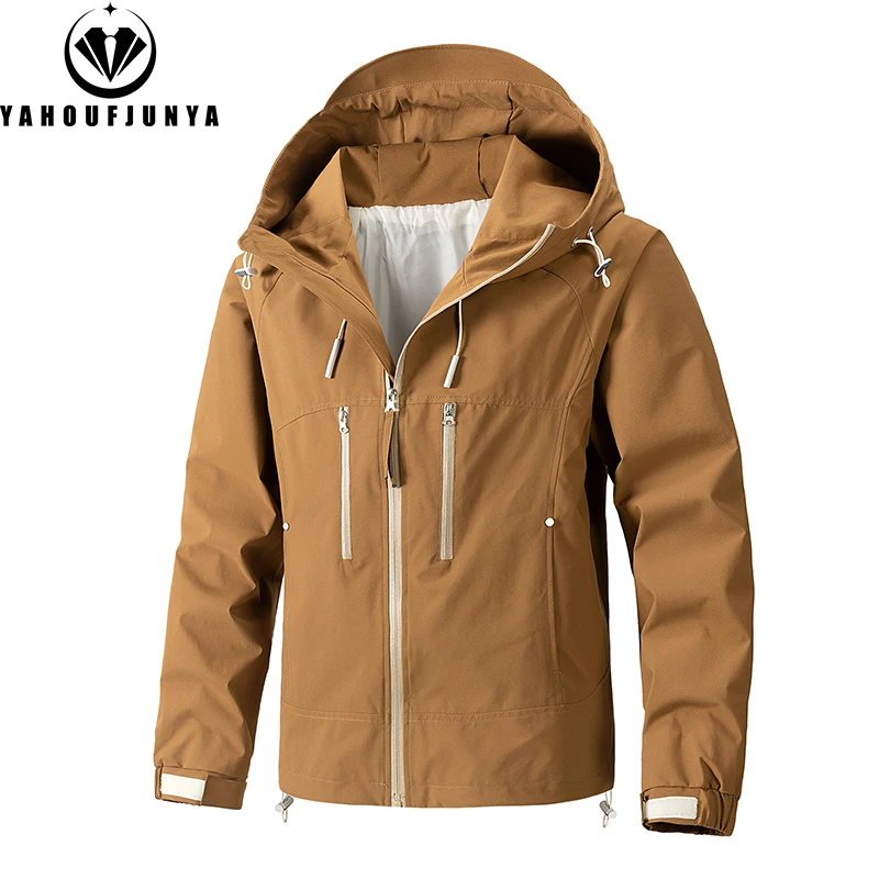 2024 New Autumn Men Outdoor Casual Fashion Solid Hooded Jacket Men Many Pocket Windproof Waterproof Breathable Jacket Male Coat