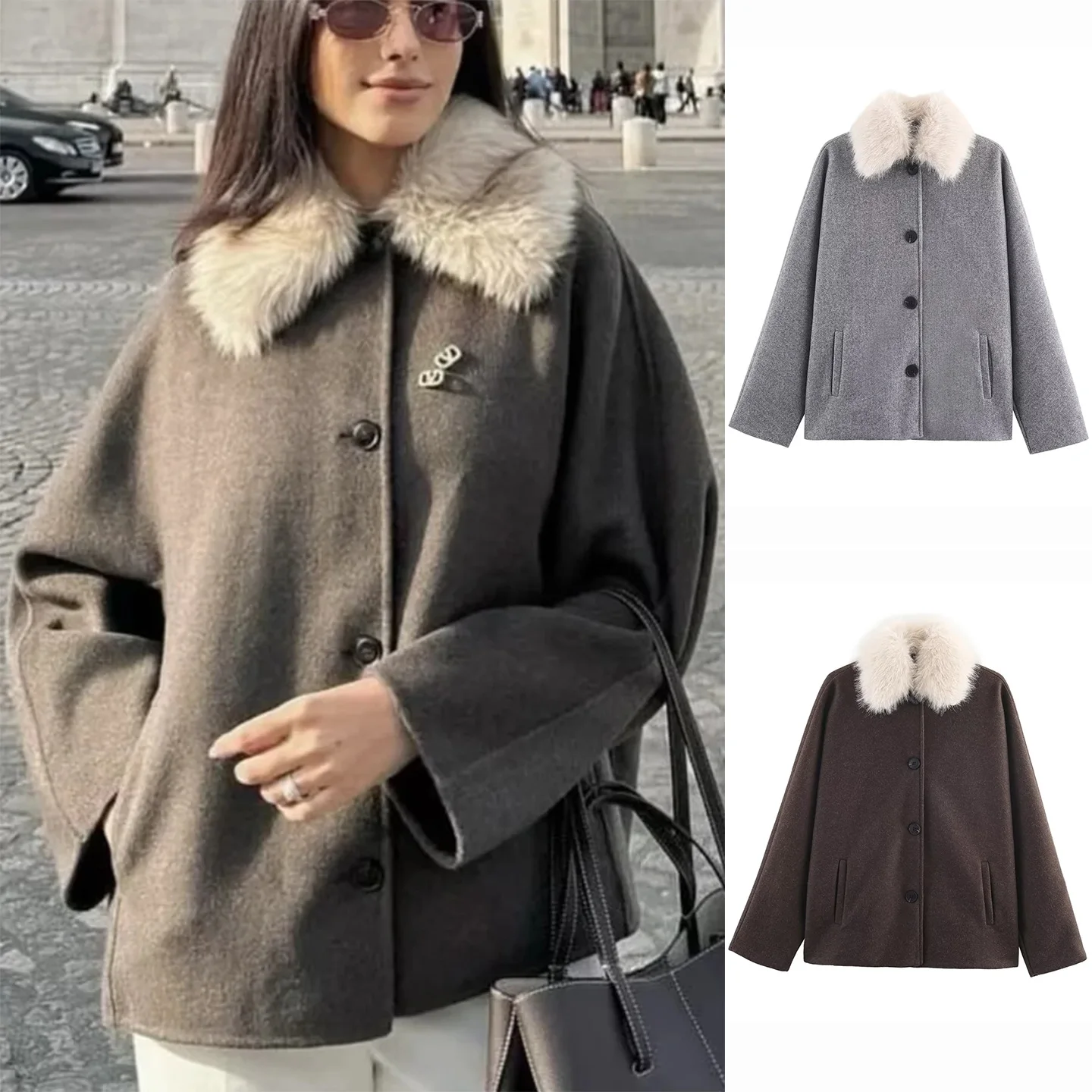 

Новое зимнее женское длинное пальто-туэт средней длины с воротником-стойкой на одной пуговице и эффектом искусственного меха, полиэфирное волокно 00%