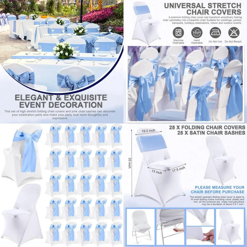 

50 Pack Folding Chair Covers with Stretch Spandex and Satin Sashes for Weddings and Events (White, Sky Blue)