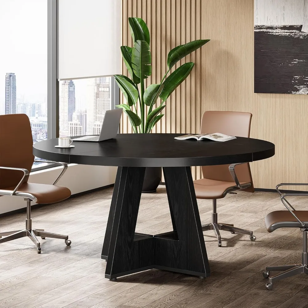 47-Inch Round Conference Table for 4-6 People, Wooden Meeting Room Table with Thicken Tabletop and Wood Base (Black)