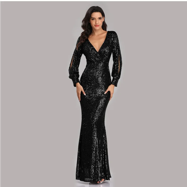 

Black Sequin Mermaid Evening Dresses Deep V-Neck Long Sleeve Slit Formal Gown
