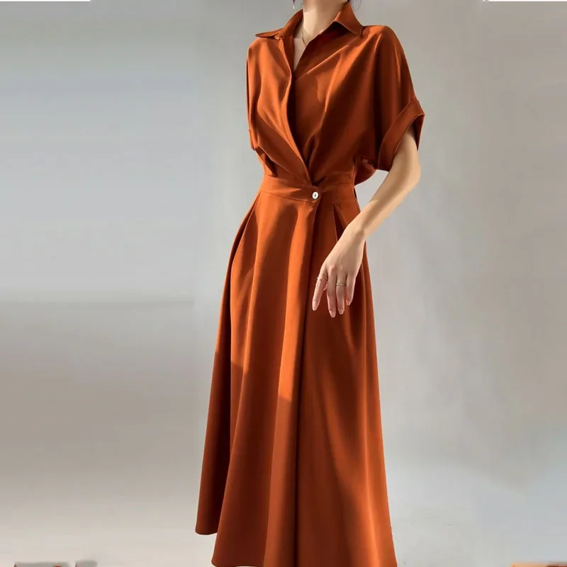 

The0ry 24ss Ladies Silk Niche Design Shirt Dress Women Commuter Loose Temperament Premium Waisted Skirts Traf Maxi Dresses