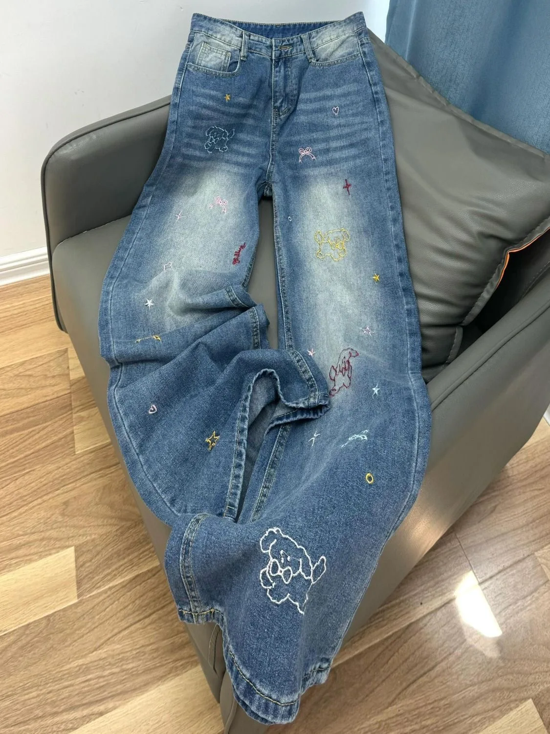 

Loose Fit High Waist Wide Leg Jeans Women's Spring Autumn Straight Cut Elastic Waist Retro Dog Stitching Casual Trousers