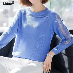 Women's O-Neck Hollow Lace Knitted Sweater, Long Sleeve Pullovers, Diamonds, Chic Korean Top, Elegant Fashion, 2024